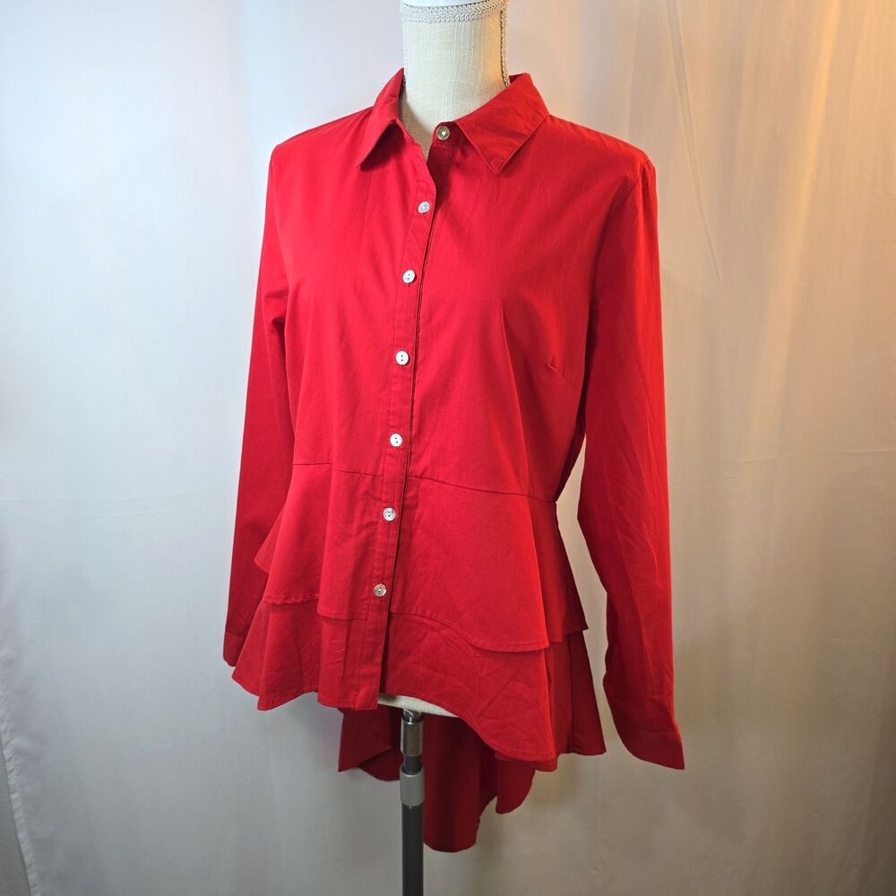 South Main Peplum Hi Low Blouse Tunic Sz L Red Ruffle Layers Tiers Cotton Blend